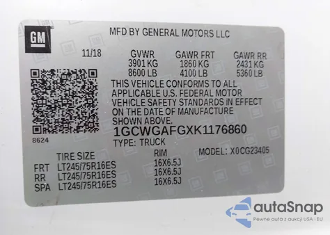 2019 Chevrolet Express 2500 Work Van z USA, uszkodzony, nr VIN 1GCWGAFGXK1176860